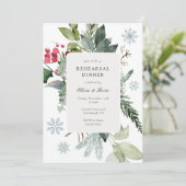 Wintersneeuw en Evergreen bruiloft repetitie diner Kaart (Staand voorkant)