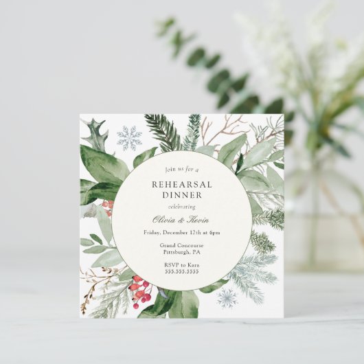 Wintersneeuw en Evergreen bruiloft repetitie diner Kaart (Staand voorkant)
