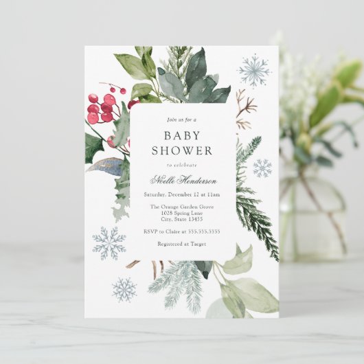 Wintersneeuw en groenblijvend Baby shower Kaart (Staand voorkant)