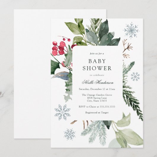 Wintersneeuw en groenblijvend Baby shower Kaart (Voorkant / Achterkant)