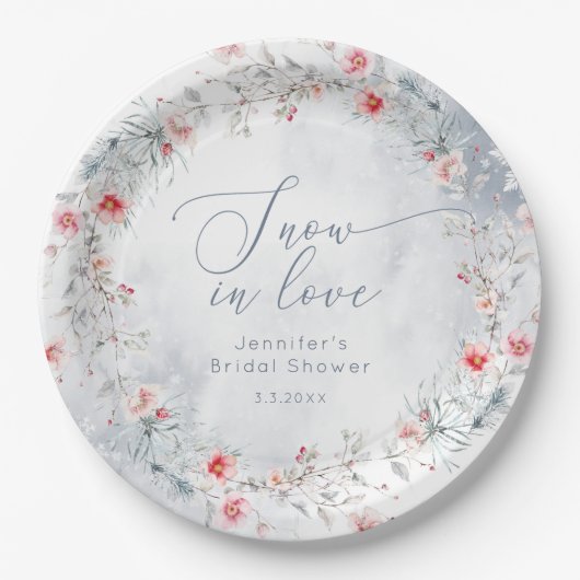 Wintersneeuw in Love elegante Bruids douche Papieren Bordje (Voorkant)