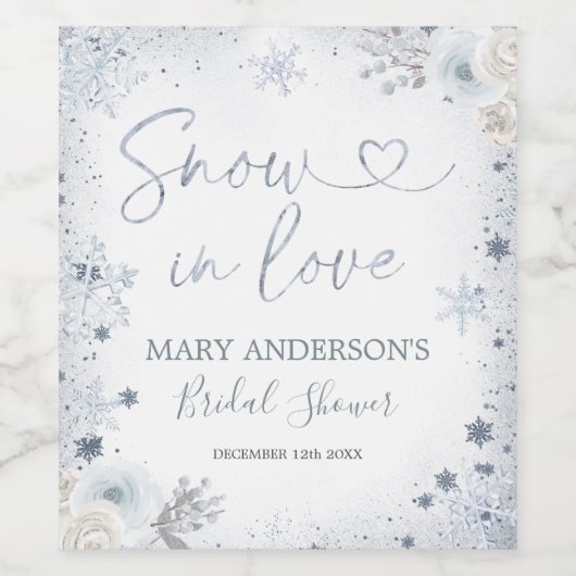 Wintersneeuw in Love Snowflake Bruidsdouche Wijn Etiket (Enkel label)