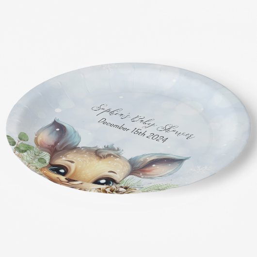 Wintersneeuw Koud Buiten Blauw Baby shower Herten Papieren Bordje (Gekanteld)