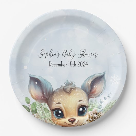 Wintersneeuw Koud Buiten Blauw Baby shower Herten Papieren Bordje (Voorkant)