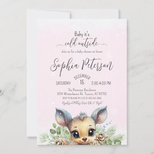 Wintersneeuw Koud Buiten Roze Baby shower Herten Kaart (Voorkant)