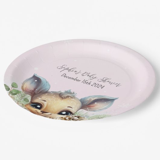 Wintersneeuw Koud Buiten Roze Baby shower Herten Papieren Bordje (Gekanteld)