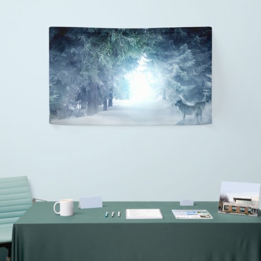 Wintersneeuw met wolven in het Evergreen Forest Spandoek (Beurs)