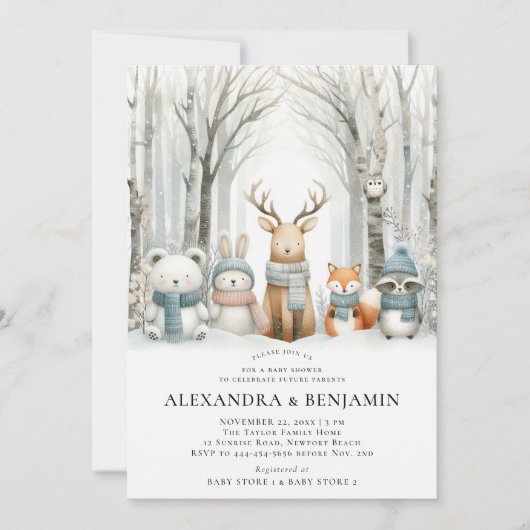 Wintersneeuw Schattige bosdieren Coed Baby shower Kaart (Voorkant)