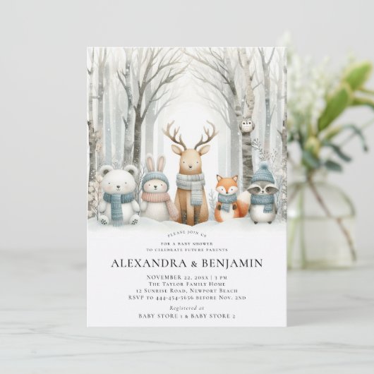 Wintersneeuw Schattige bosdieren Coed Baby shower Kaart (Staand voorkant)