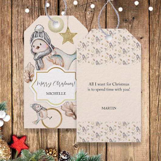 Wintersneeuw Sparrow Waterverf Golden Cadeaulabel