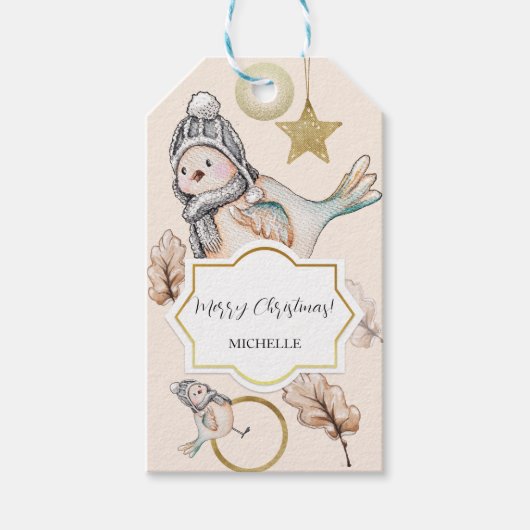 Wintersneeuw Sparrow Waterverf Golden Cadeaulabel (Voorkant)