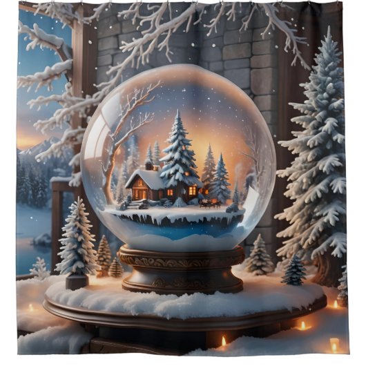 Wintersneeuw Wereldbol Douchegordijn (Voorkant)