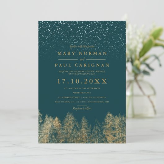 Wintersneeuwgroenblauw huwelijk kaart (Staand voorkant)