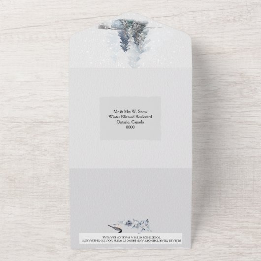 Wintersneeuwkajuit met witte vosseil wonderland all in one uitnodiging (Buitenkant)