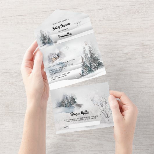 Wintersneeuwkajuit met witte vosseil wonderland all in one uitnodiging (Afscheurbaar)