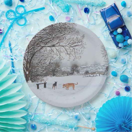 Wintersneeuwlandschap met boomhonden  papieren bordje (Feest)