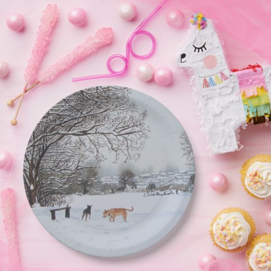 Wintersneeuwlandschap met boomhonden papieren bordje (Feest)