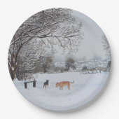 Wintersneeuwlandschap met boomhonden  papieren bordje (Voorkant)