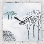 Wintersneeuwlandschapsschildering Vierkante Klok<br><div class="desc">Een sneeuwwinterlandschap met bomen en een droge muur. Brr! Originele kunst van Nic Squirrell.</div>