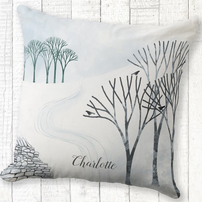 Wintersneeuwlandschapsschilderingen, gepersonalise kussen (Winter landscape snow scene personalized custom name throw pillow)
