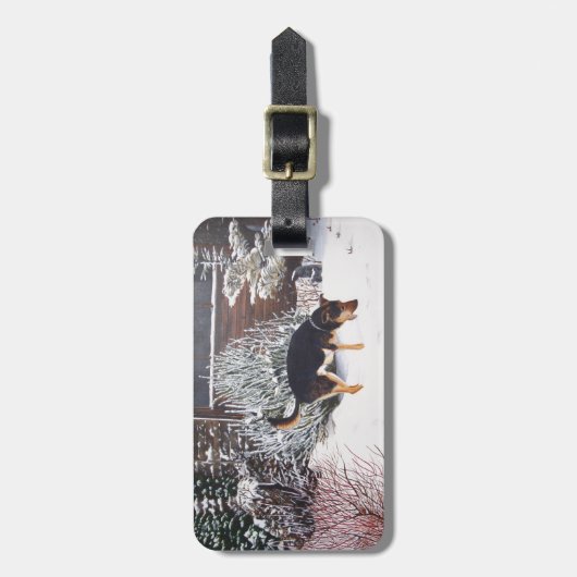 Wintersneeuwscène met schattige zwarte en geelbrui bagagelabel (Voorkant verticaal)