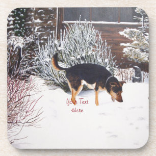 wintersneeuwscène met schattige zwarte en geelbrui bier onderzetter