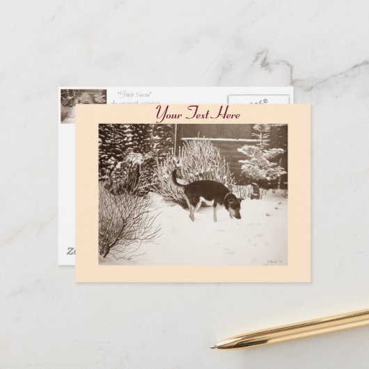 Wintersneeuwscène met schattige zwarte en geelbrui briefkaart (Voorkant / Achterkant in situ)