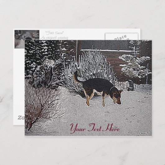 Wintersneeuwscène met schattige zwarte en geelbrui briefkaart (Voorkant / Achterkant)