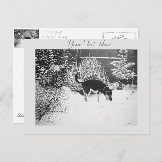 Wintersneeuwscène met schattige zwarte en geelbrui briefkaart (Voorkant / Achterkant)