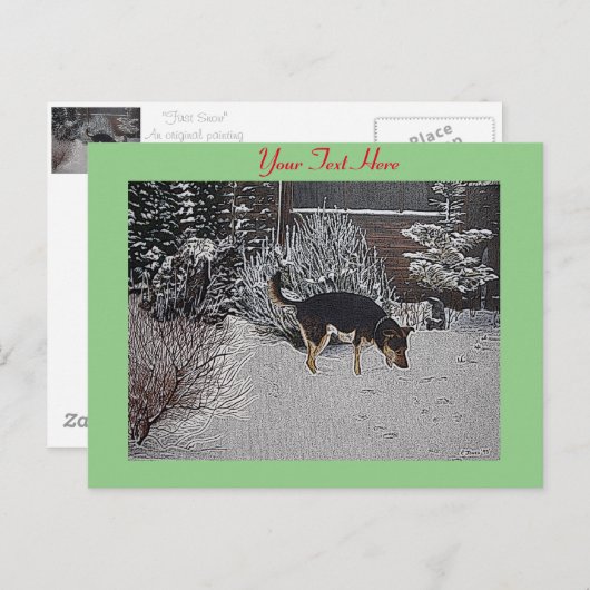 Wintersneeuwscène met schattige zwarte en geelbrui briefkaart (Voorkant / Achterkant)