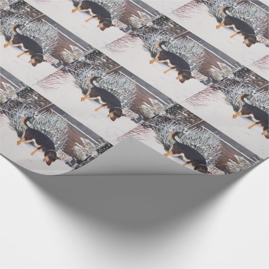 Wintersneeuwscène met schattige zwarte en geelbrui cadeaupapier (Hoek)