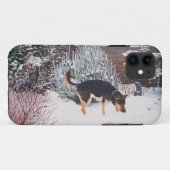 Wintersneeuwscène met schattige zwarte en geelbrui Case-Mate iPhone case (Achterkant (horizontaal))