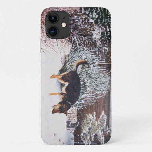 Wintersneeuwscène met schattige zwarte en geelbrui Case-Mate iPhone case (Achterkant)