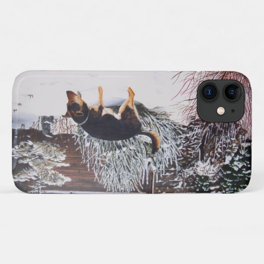 Wintersneeuwscène met schattige zwarte en geelbrui Case-Mate iPhone case (Achterkant (horizontaal))