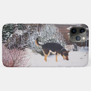 Wintersneeuwscène met schattige zwarte en geelbrui Case-Mate iPhone case