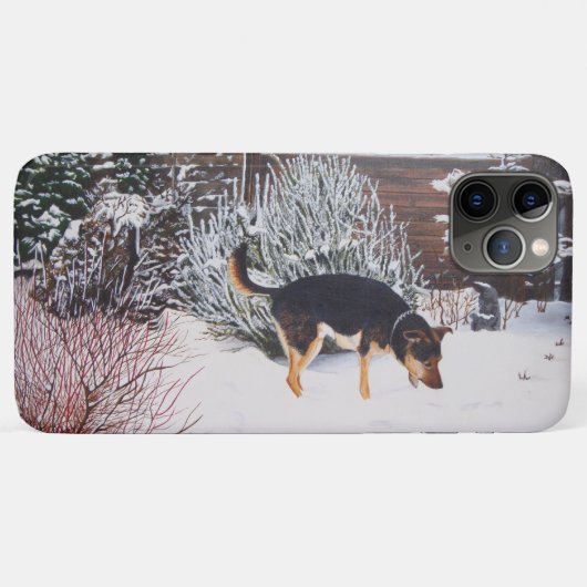 Wintersneeuwscène met schattige zwarte en geelbrui Case-Mate iPhone case (Achterkant (horizontaal))
