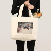 Wintersneeuwscène met schattige zwarte en geelbrui grote tote bag (Voorkant (product))