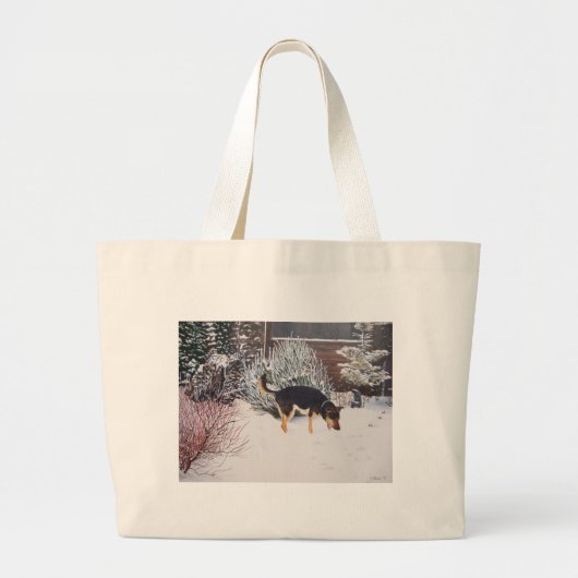 Wintersneeuwscène met schattige zwarte en geelbrui grote tote bag (Voorkant)