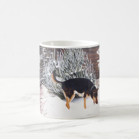 Wintersneeuwscène met schattige zwarte en geelbrui magische mok (Center)