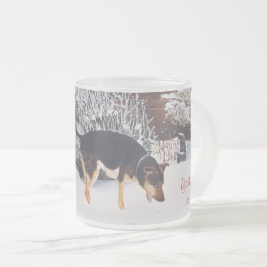 Wintersneeuwscène met schattige zwarte en geelbrui matglas koffiemok (Voorkant rechts)