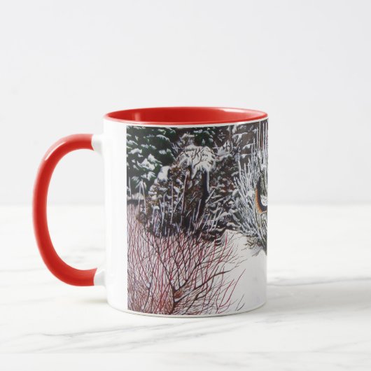 Wintersneeuwscène met schattige zwarte en geelbrui mok (Links)