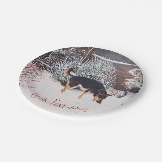 Wintersneeuwscène met schattige zwarte en geelbrui papieren bordje (Gekanteld)