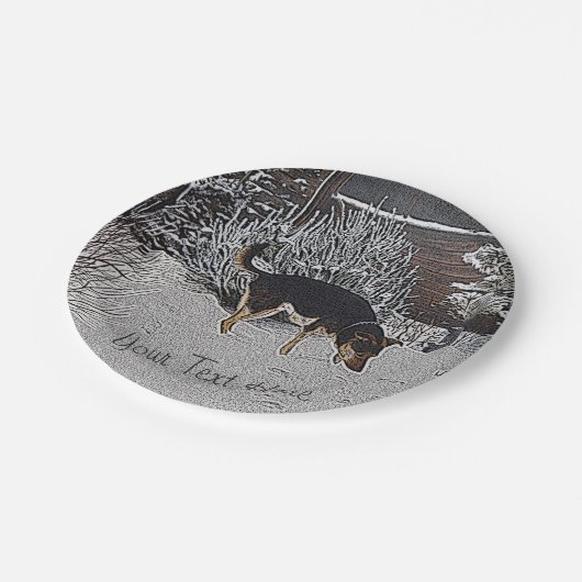 Wintersneeuwscène met schattige zwarte en geelbrui papieren bordje (Gekanteld)