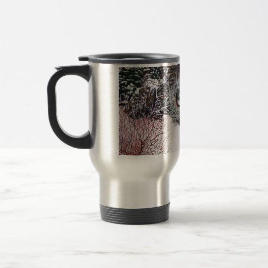 Wintersneeuwscène met schattige zwarte en geelbrui reisbeker (Links)