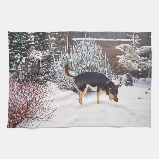 Wintersneeuwscène met schattige zwarte en geelbrui theedoek (Horizontaal)