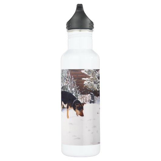 Wintersneeuwscène met schattige zwarte en geelbrui waterfles  (Rechts)