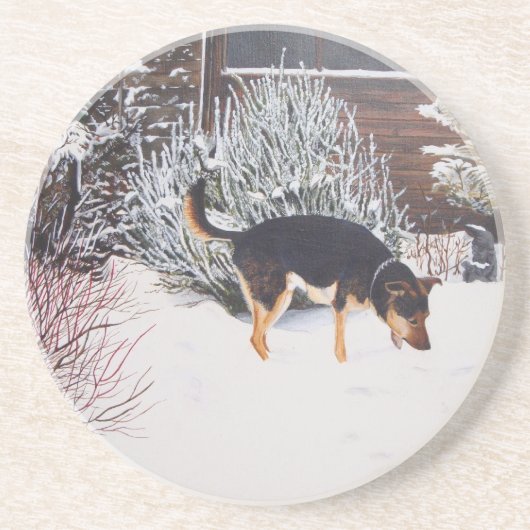 Wintersneeuwscène met schattige zwarte en geelbrui zandsteen onderzetter (Voorkant)