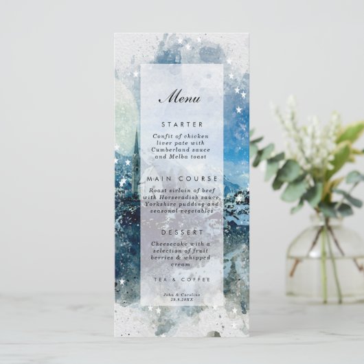 wintersneeuwscènekerstmenkaarten menu (Staand voorkant)