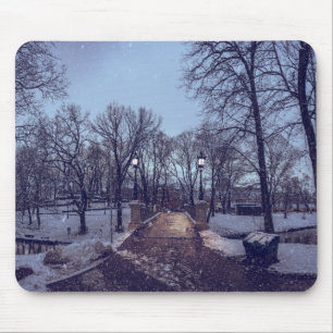 Wintersneeuwstadspark in de avond muismat