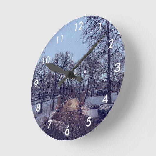 Wintersneeuwstadspark in de avond ronde klok (Hoek)